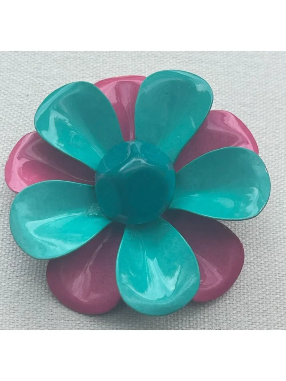 Vtg Flower Power Enamel Brooch Teal & Hot Pink Layered Petals Retro Mod MCM Desi